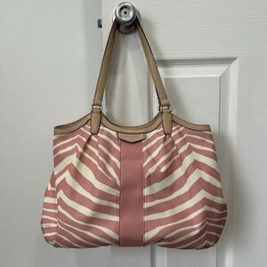 COACH SIGNATURE STRIPE‎ ZEBRA PRINT SHOULDER BAG Pink Ivory 16x12x7